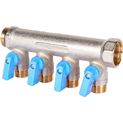 Коллектор Stout с шаровыми кранами 3/4x1/2 с 4 отводами, синий, SMB SMB 6211 341204 Коллектор Stout с шаровыми кранами 3/4x1/2 с 4 отводами, синий, SMB SMB 6211 341204