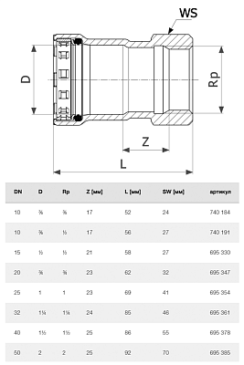 Соединение Viega Megapress с внутренней резьбой Ду 15 - 1/2 х Rp 1/2, модель 4212